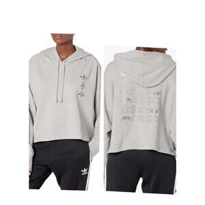 4939) Adidas Originals Women Gray Large Trefoil Logo Cropped Hoodie Large